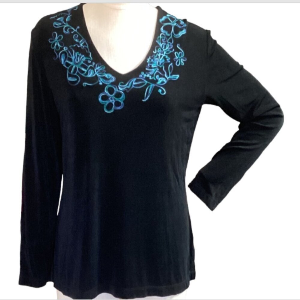 Chico's Travelers V-Neck Embroidered Neck Travel Top Sz 2 (L/12) Black #144Q